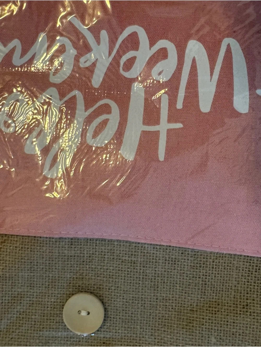 Hello Weekend Pink Burlap Tote Bag